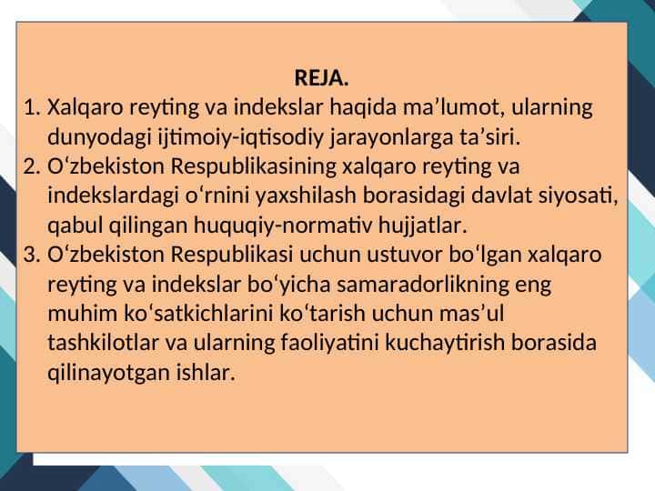 O‘ZBEKISTON RESPUBLIKASINING XALQARO REYTING VA INDEKSLARDAGI O‘RNI VA NUFUZINING ORTIB BORISHI