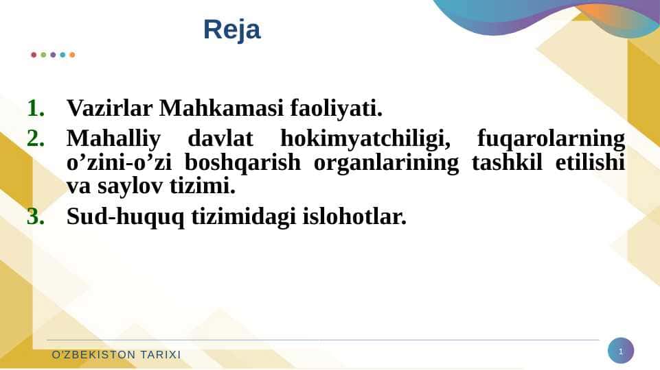 O‘zbekistonda demokratik, fuqarolik jamiyati asoslarining shakllanishi, amalga oshirilgan siyosiy islohotlar.