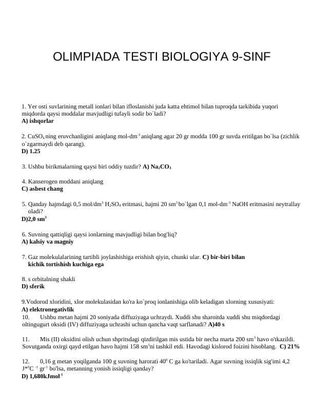 KIMYO TEST OLIMPIADA 9-SINF.