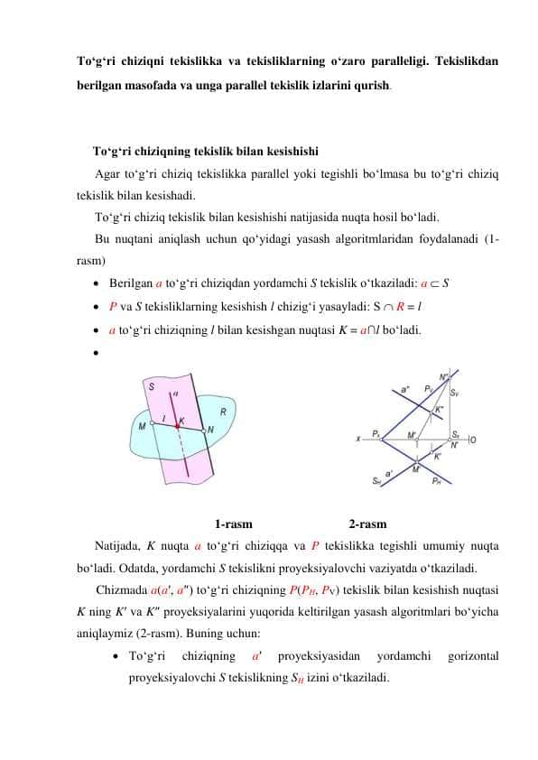 To'g'ri chiziqni tekislikka va tekisliklarning o'zaro paralleligi. Tekislikdan berilgan masofada va unga parallel tekislik izlarini qurish