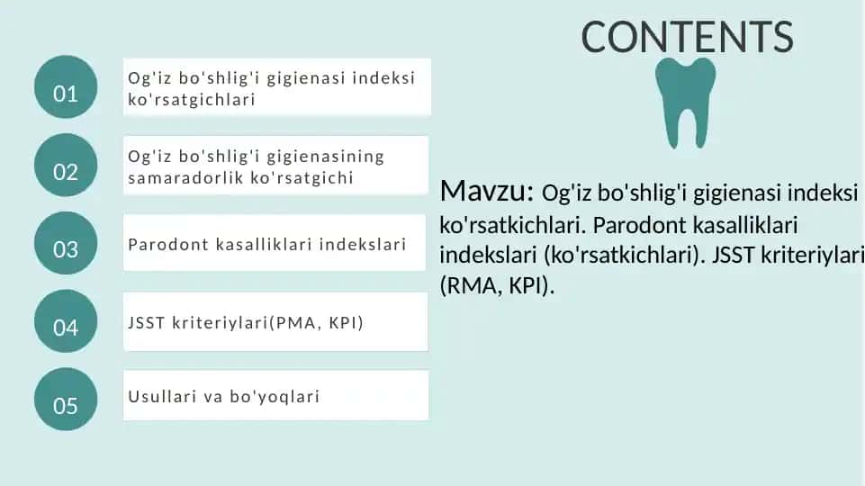Og`iz bo`shlig`i gigienasi indeksi ko`rsatgichlari. Stomatologik ko`rsatgichlar