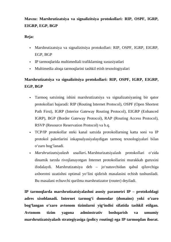 Marshrutizatsiya va signalizitsiya protokollari: RIP, OSPF, IGRP, EIGRP, EGP, BGP