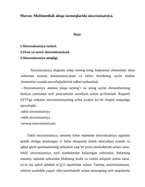 Multimedia aloqa tarmoqlarida sinxronizatsiya