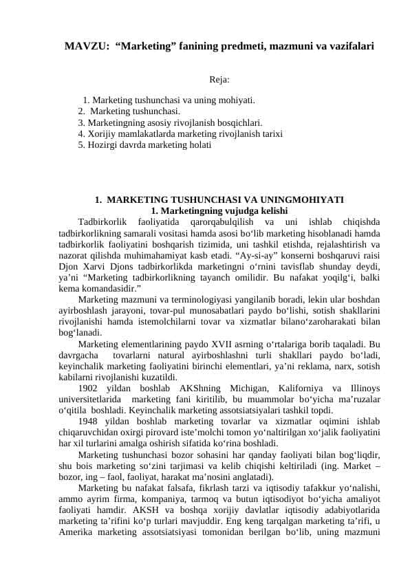 “Marketing” fanining predmeti, mazmuni va vazifalari