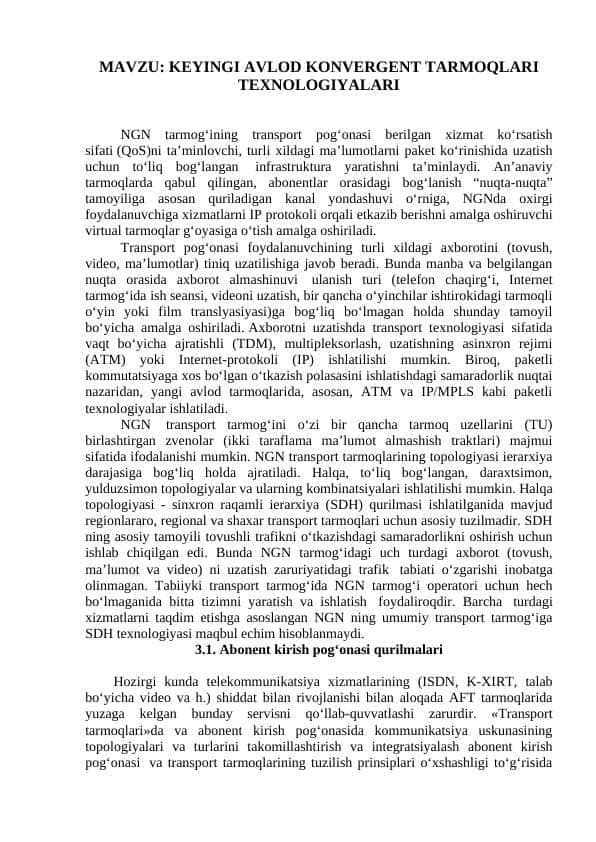 KEYINGI AVLOD KONVERGENT TARMOQLARI TEXNOLOGIYALARI