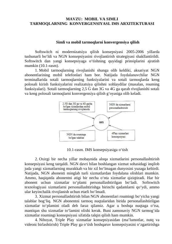 MOBIL VA SIMLI TARMOQLARNING KONVERGENSIYASI. IMS ARXITEKTURASI