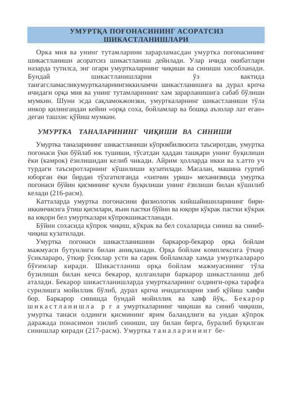 УМУРТҚА ПОҒОНАСИНИНГ АСОРАТСИЗ ШИКАСТЛАНИШЛАРИ