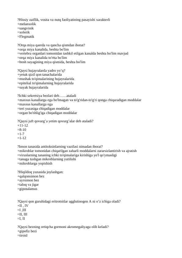 Odam va uning salomatligi fanidan test savollari javoblari bilan