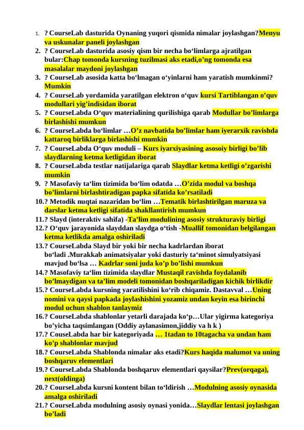 Informatika test savollari va javoblari