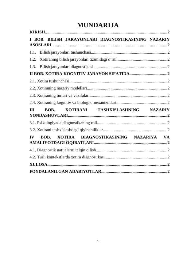 Bilish jarayonlari diagnostikasi. Xotira.