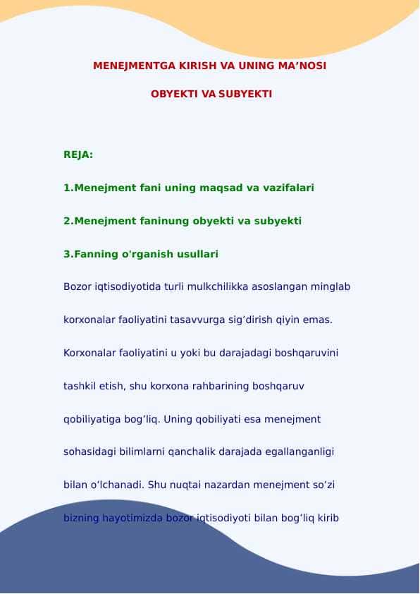 Menejmentga kirish va uning maʼnosi. Obyekti va subyekti