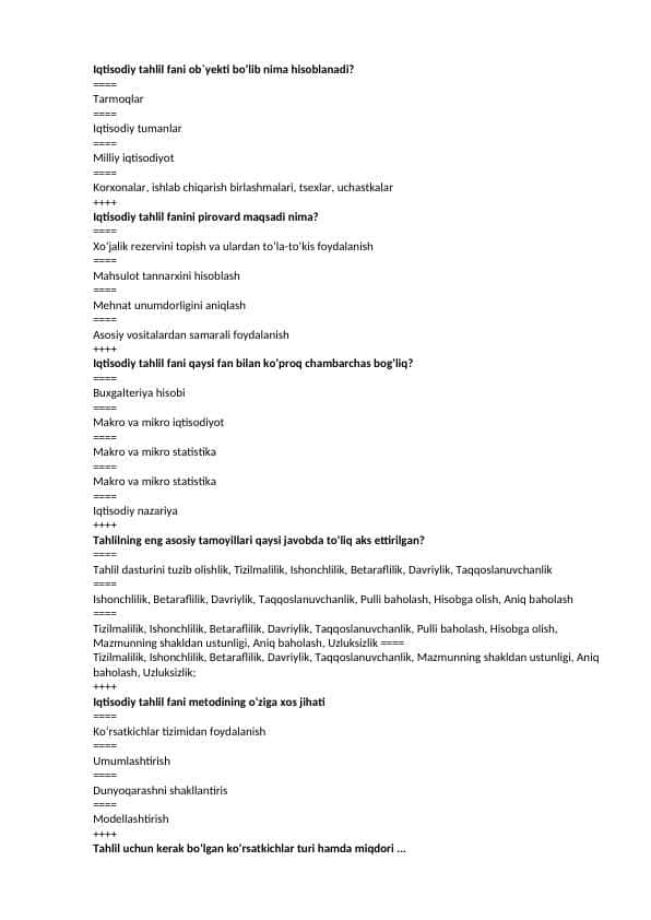Iqtisodiy tahlil fanidan testlar. (javoblari bilan)
