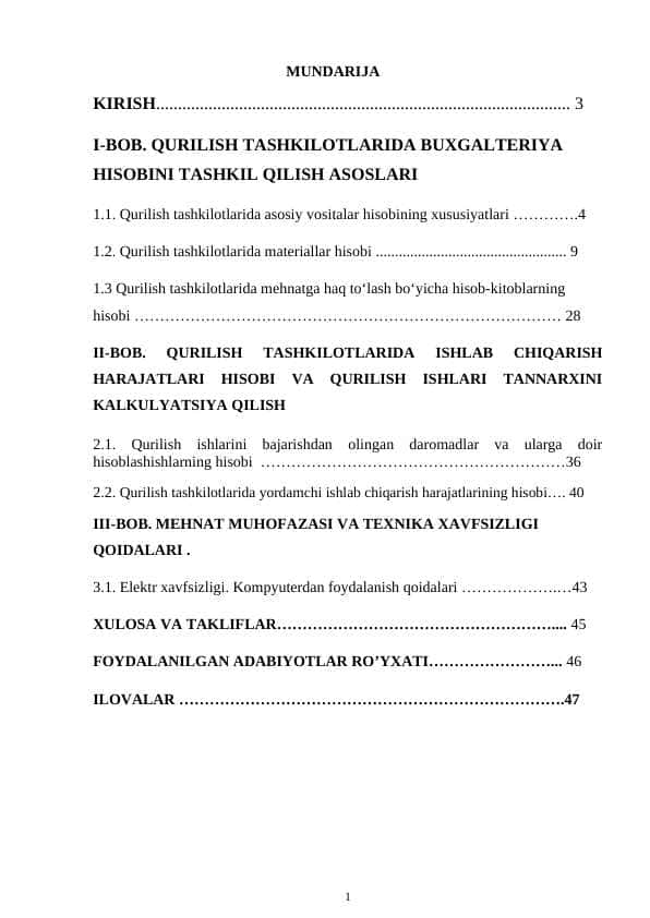 Qurilish tashkilotlarida buxgalteriya hisobini tashkil