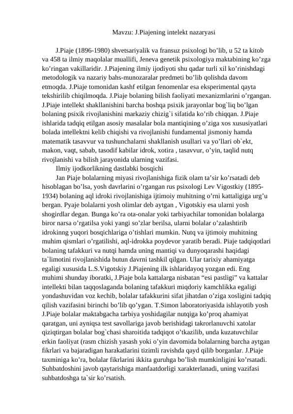 J.Piajening intelekt nazaryasi