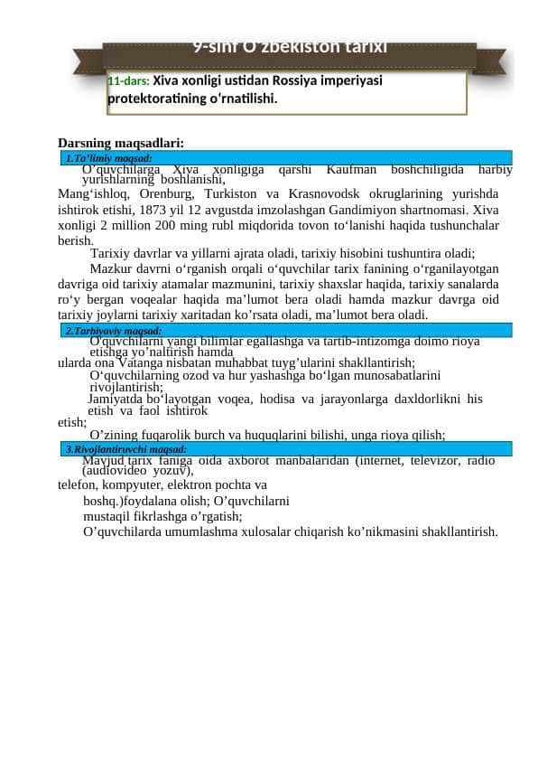 Xiva xonligi ustidan Rossiya imperiyasi protektoratining o‘rnatilishi.