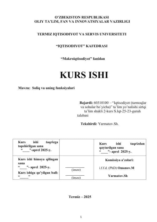KURS ISHI Soliq va uning funksiyalari