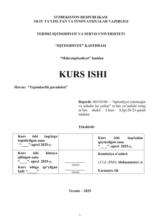 Kurs ishi Tejamkorlik paradoksi