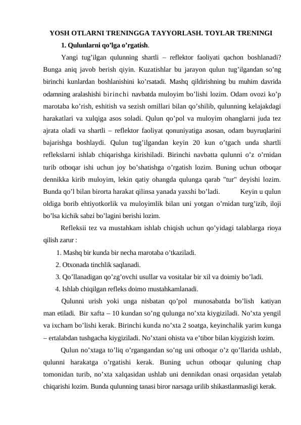 YOSH OTLARNI TRENINGGA TAYYORLASH. TOYLAR TRENINGI
