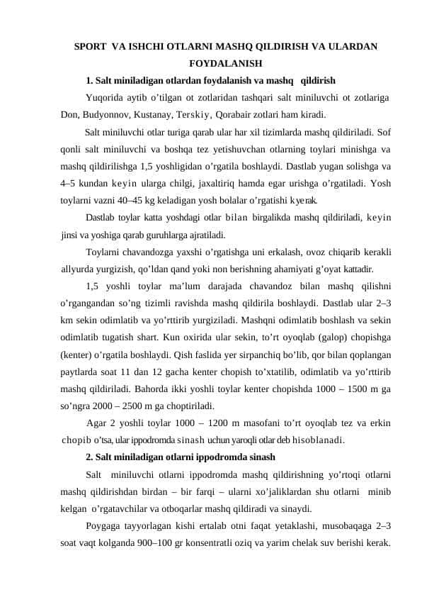 SPORT VA ISHCHI OTLARNI MASHQ QILDIRISH VA ULARDAN FOYDALANISH