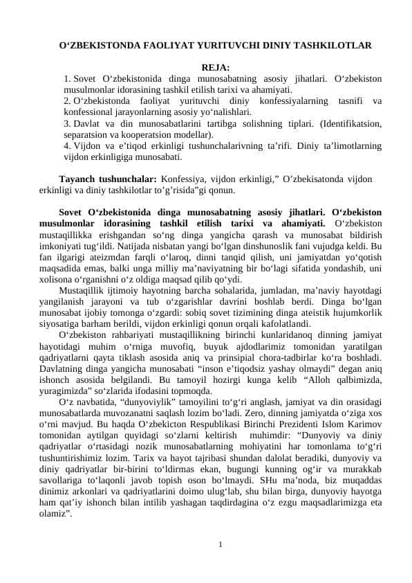 O'ZBEKISTONDA FAOLIYAT YURITUVCHI DINIY TASHKILOTLAR