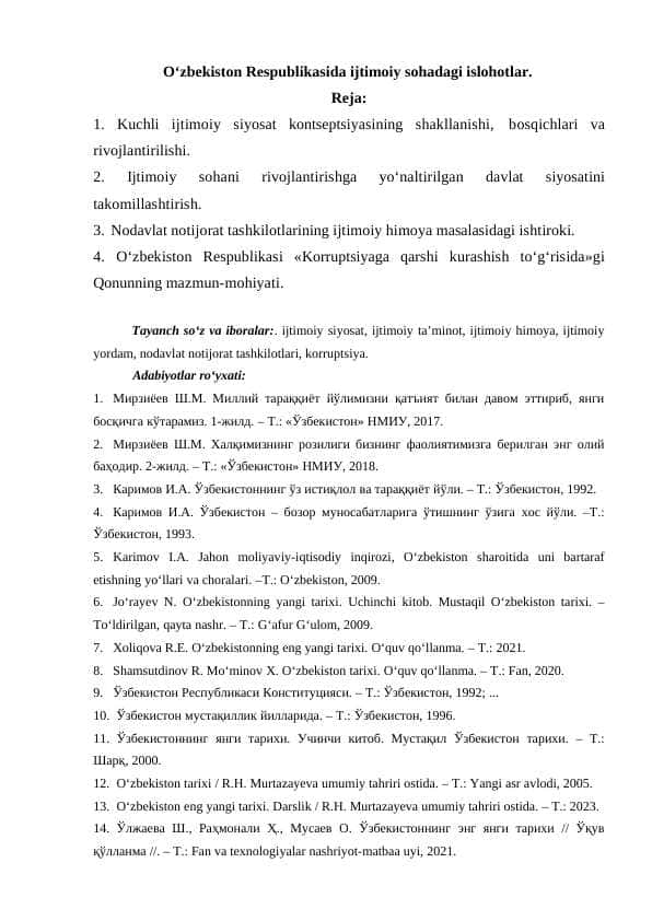 O'zbekiston Respublikasida ijtimoiy sohadagi islohotlar.
