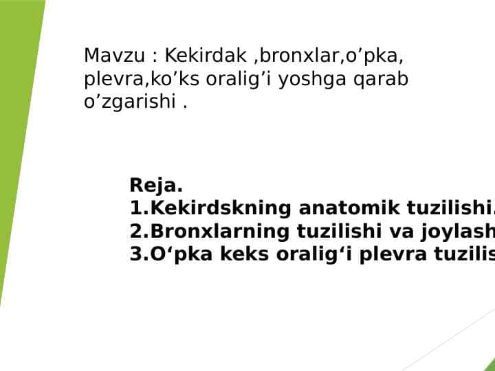 Kekirdak, bronxlar, o'pka, plevra, ko'ks oralig'i yoshga qarab o'zgarishi.