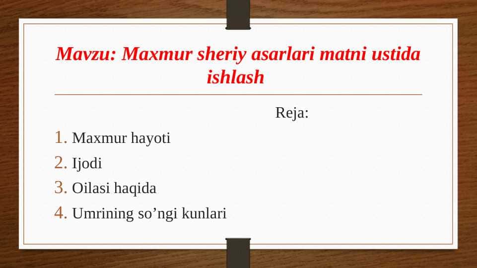 Maxmur sheriy asarlari matni ustida ishlash