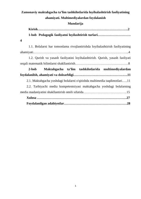 Zamonaviy maktabgacha ta’lim tashkilotlarida loyihalashtirish faoliyatining ahamiyati. Multimediyalardan foydalanish