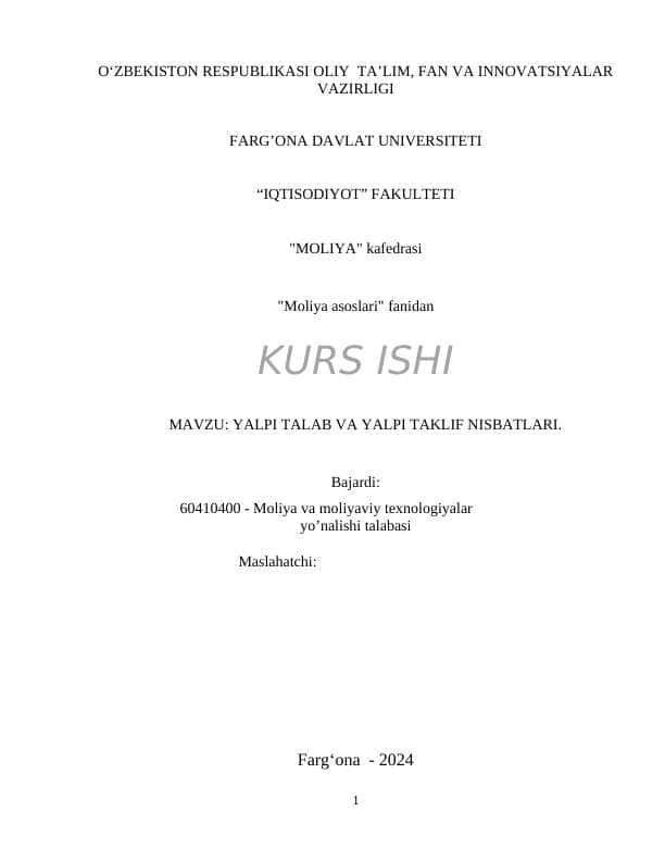 YALPI TALAB VA YALPI TAKLIF NISBATLARI.
