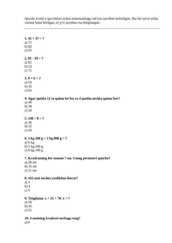 4- sinflar uchun matematika fanidan 140 ta test savol javoblari