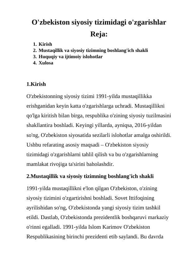 O'zbekiston siyosiy tizimidagi o'zgarishlar