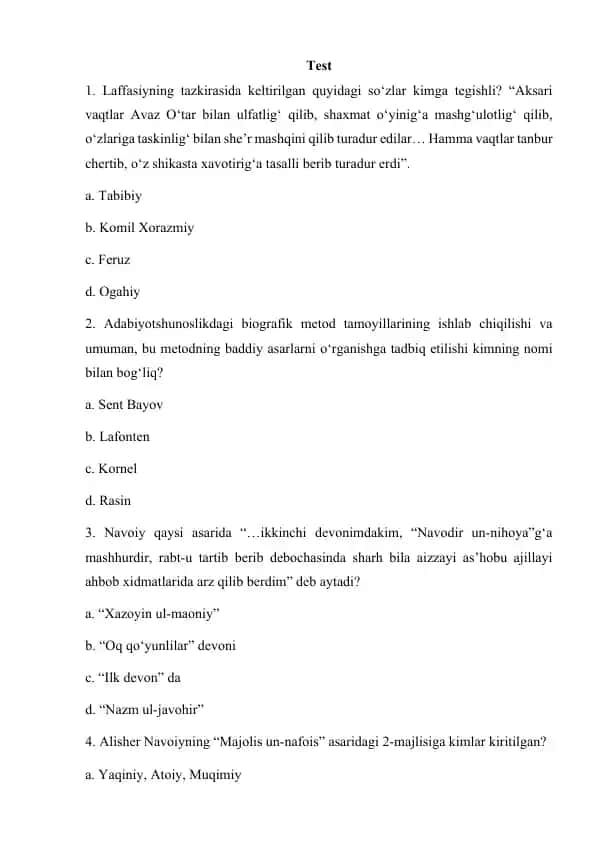 Mumtoz adabiyot bo'yicha 50ta test