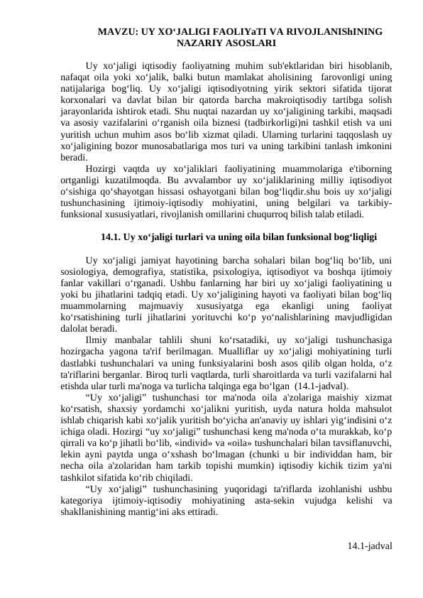 UY XO‘JALIGI FAOLIYaTI VA RIVOJLANIShINING NAZARIY ASOSLARI