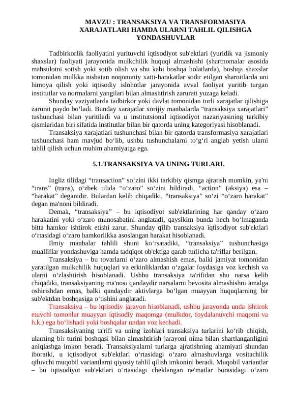 TRANSAKSIYA VA TRANSFORMASIYA XARAJATLARI HAMDA ULARNI TAHLIL QILISHGA YONDASHUVLAR