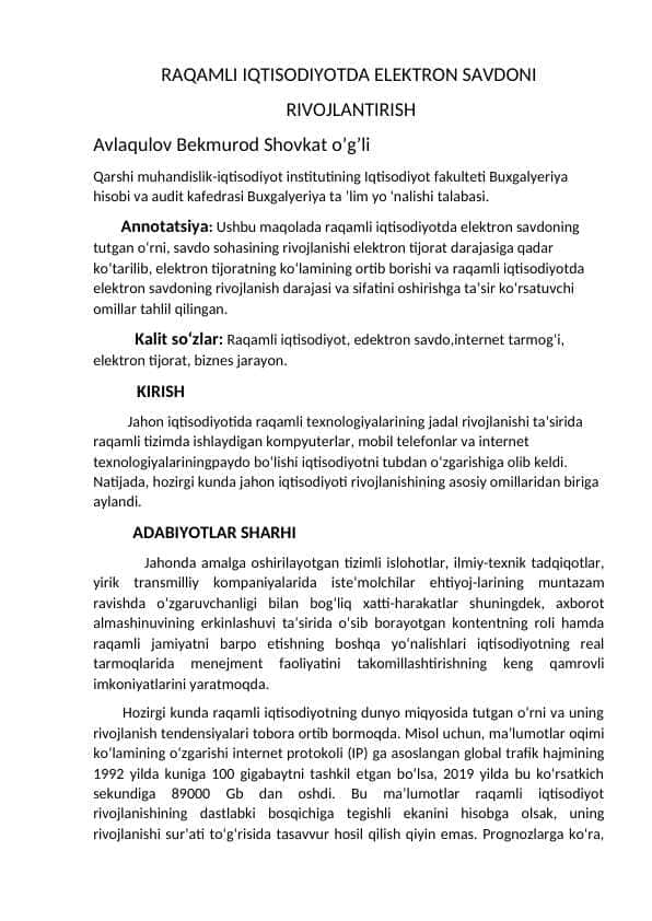 Raqamli Iqtisodiyotda Elektron savdoni rivojlantirish