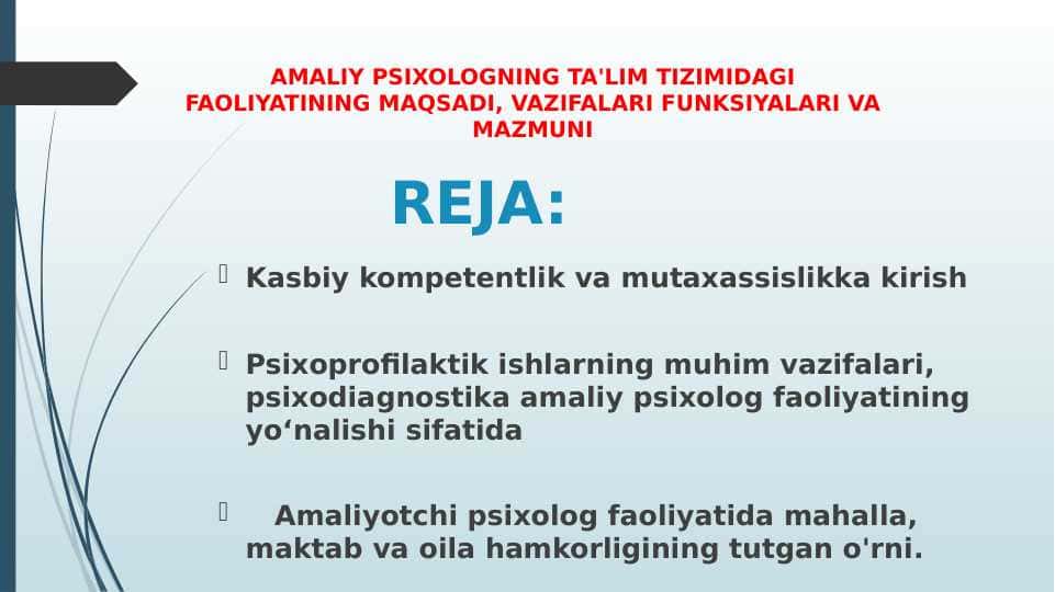 AMALIY PSIXOLOGNING TA'LIM TIZIMIDAGI FAOLIYATINING MAQSADI, VAZIFALARI FUNKSIYALARI VA MAZMUNI