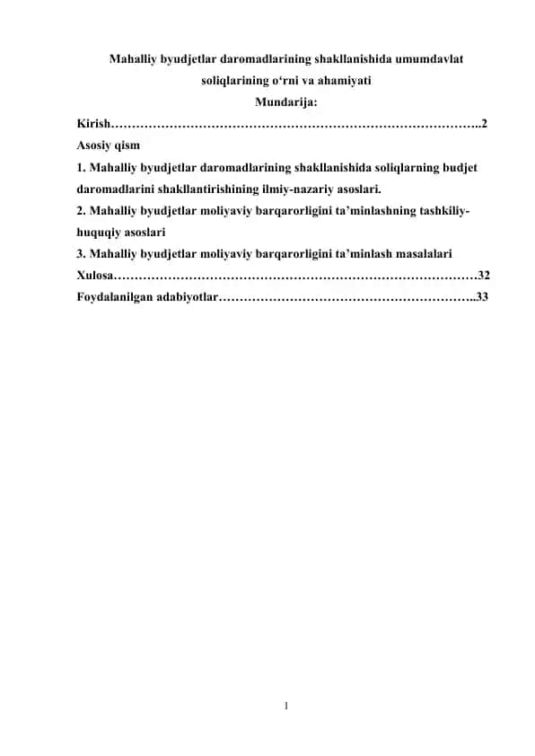 Mahalliy byudjetlar daromadlarining shakllanishida umumdavlat soliqlarining oʻrni va ahamiyati