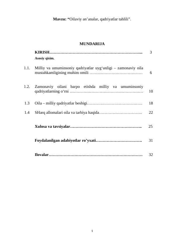 Oilaviy an’analar, qadriyatlar tahlili