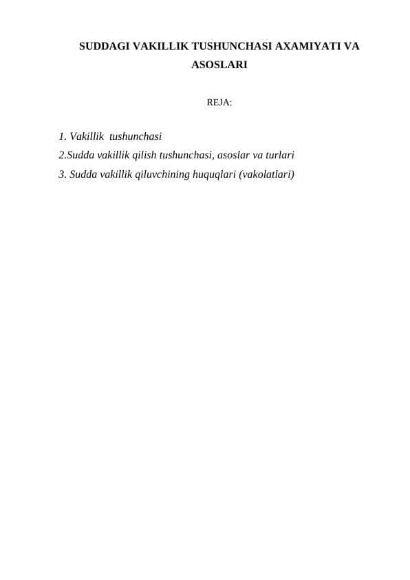 SUDDAGI VAKILLIK TUSHUNCHASI AXAMIYATI VA ASOSLARI