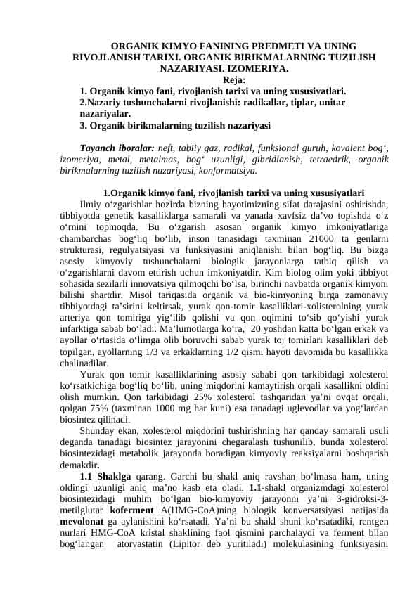 ORGANIK KIMYO FANINING PREDMETI VA UNING RIVOJLANISH TARIXI. ORGANIK BIRIKMALARNING TUZILISH NAZARIYASI. IZOMERIYA.
