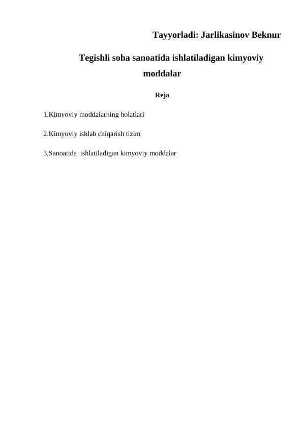 Tegishli soha sanoatida ishlatiladigan kimyoviy moddalar