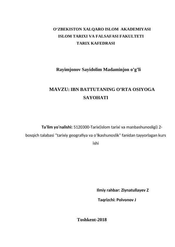 IBN BATTUTANING O’RTA OSIYOGA SAYOHATI KURS ISHI