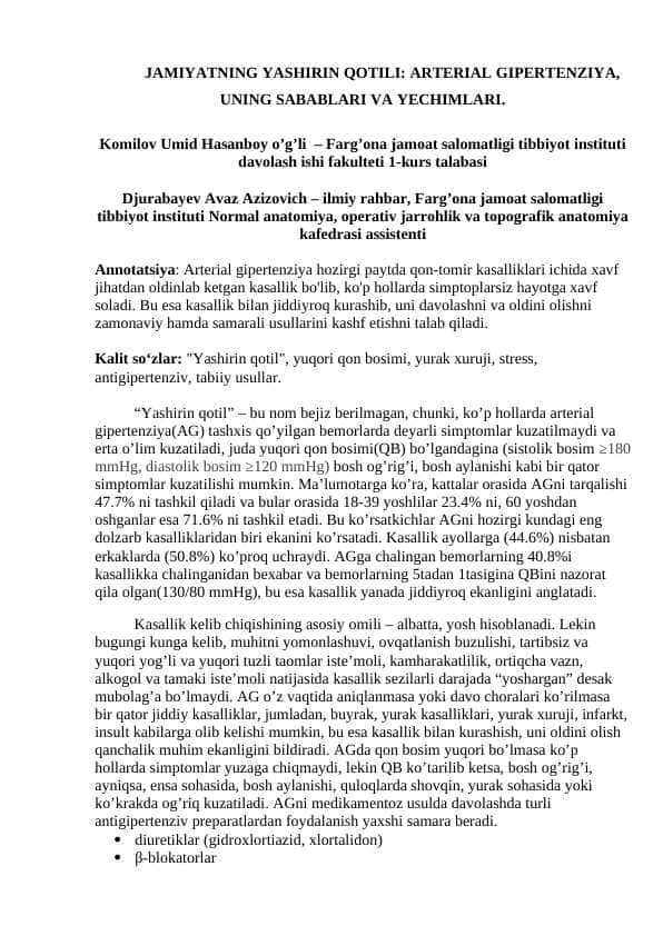 JAMIYATNING YASHIRIN QOTILI: ARTERIAL GIPERTENZIYA, UNING SABABLARI VA YECHIMLARI