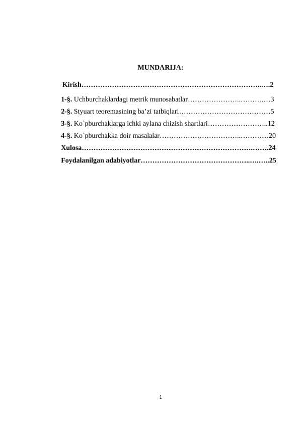 Uchburchaklarda metrik munosabatlar.