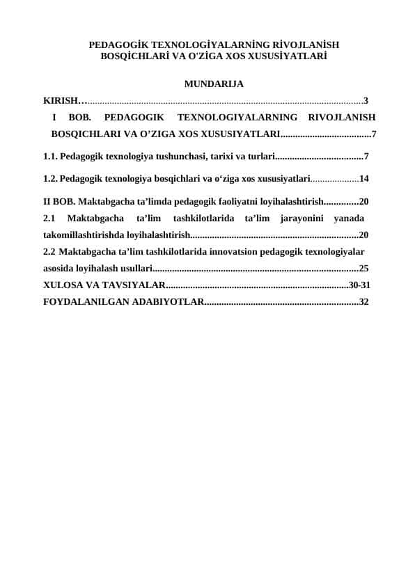 PEDAGOGIK TEXNOLOGIYALARNING RIVOJLANISHI BOSQICHLARI VA OʻZIGA XOS XUSUSIYATLARI