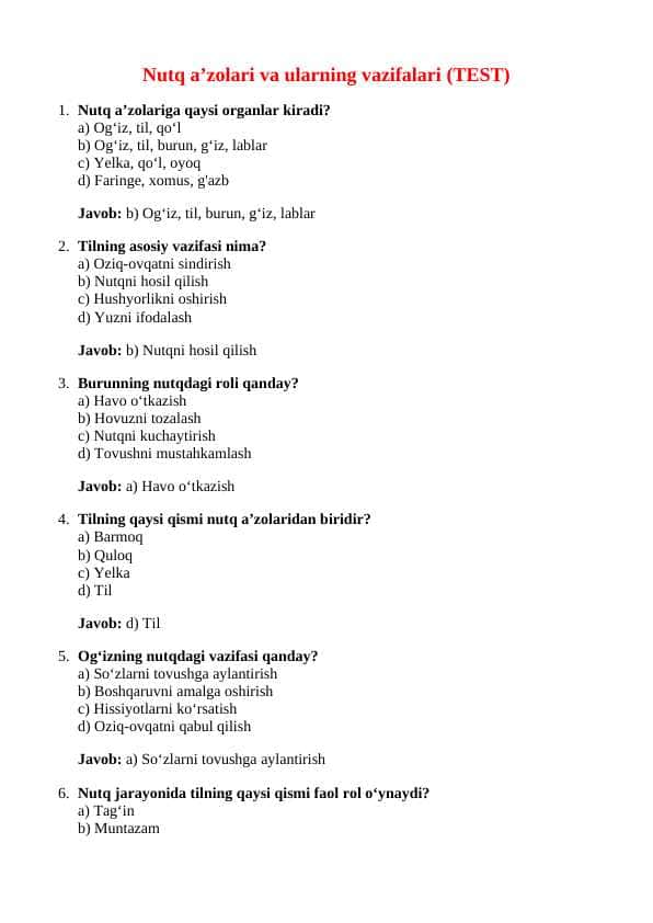 Nutq aʼzolari va ularning vazifalari TEST