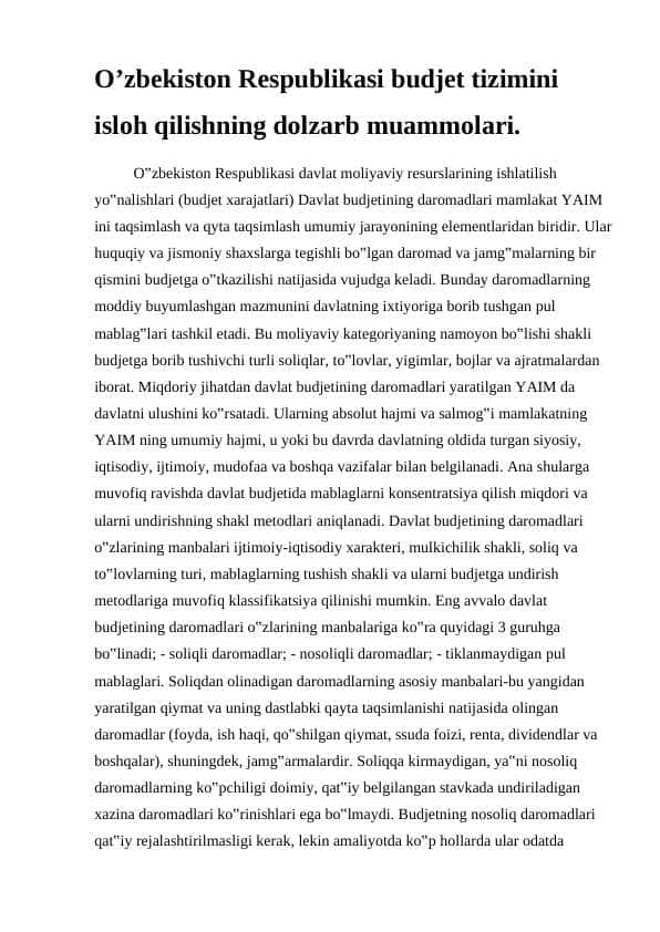 O’zbekiston Respublikasi budjet tizimini isloh qilishning dolzarb muammolari.