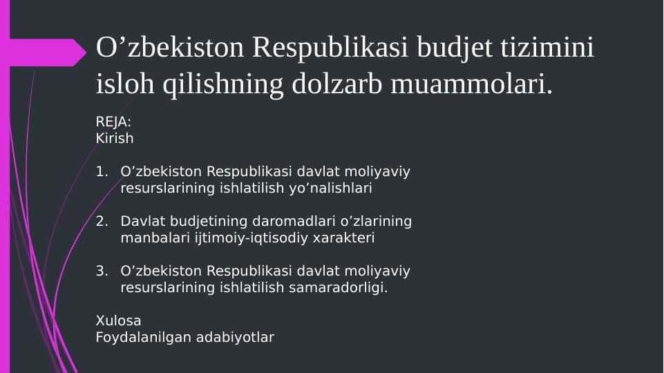 O’zbekiston Respublikasi budjet tizimini isloh qilishning dolzarb muammolari.