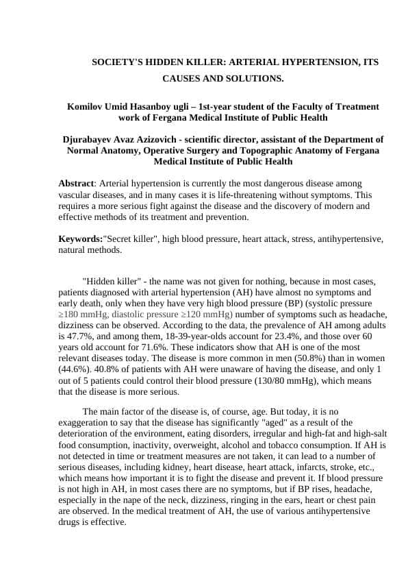SOCIETY'S HIDDEN KILLER: ARTERIAL HYPERTENSION, ITS CAUSES AND SOLUTIONS