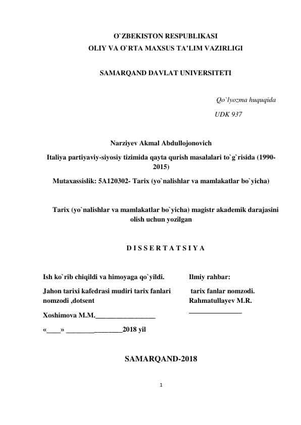 Italiya partiyaviy-siyosiy tizimida qayta qurish masalalari to`g`risida (1990-2015)